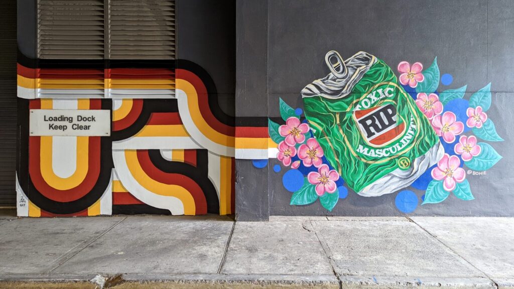 ACT Surface Festival - Rabaul Lane BRT and BOHIE 2a Geometric mural nect to a beer can mural by Bohie