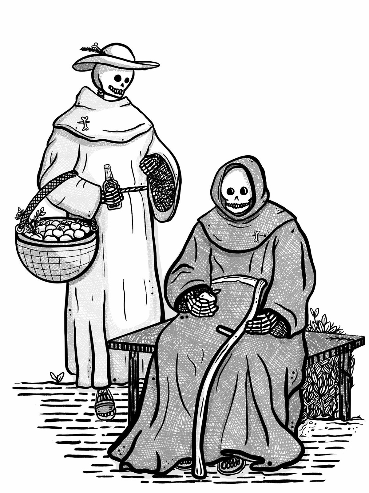 Illustration of skeleton merchants